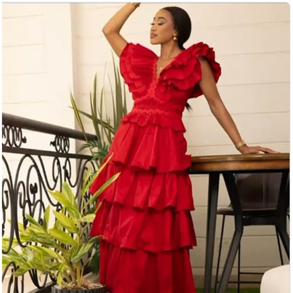 NEW Flamenco Tango Red Multi Tiered Dress SMALL cocktail ayered Fiesta Formal - Picture 1 of 13